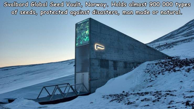doomsday vault - Svalbard Global Seed Vault, Norway. Holds almost 900 000 types of seeds, protected against disasters, man made or natural. L