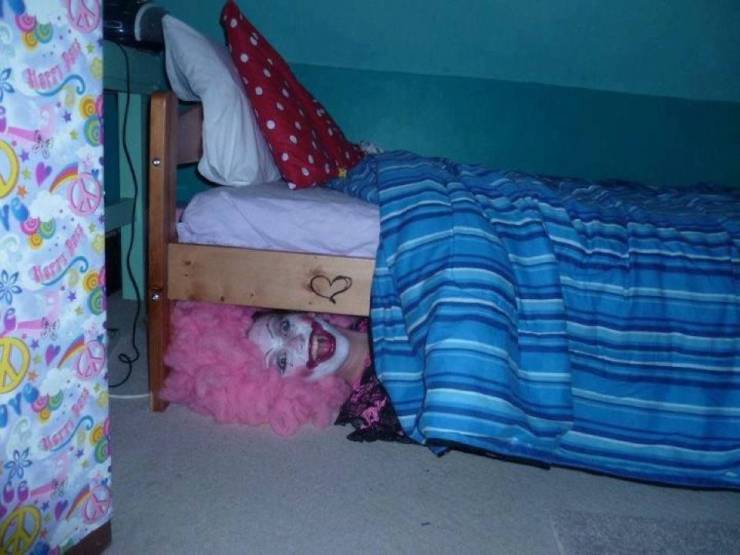 random pics and memes - clown under bed -