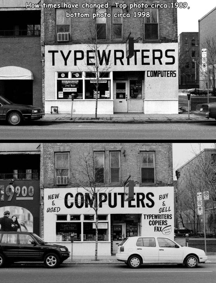 random pics and memes - landmark - How times have changed. Top photo circa 1989, bottom photo circa 1998 Typewriters Computers To wahrungen 2nd floor Dwin 19200 R New & Used Computers Buy & Sell Typewriters Copiers Fax Open Peter