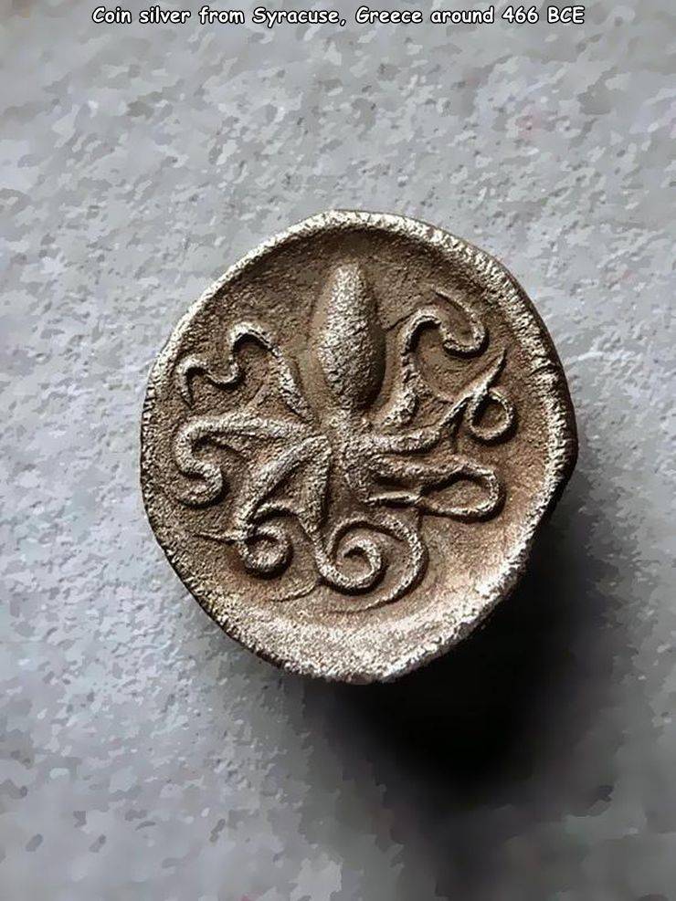 funny random pics - ancient greek octopus coin - Coin silver from Syracuse, Greece around 466 Bce 566