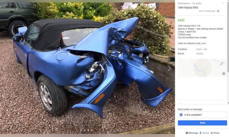 smashed blue car