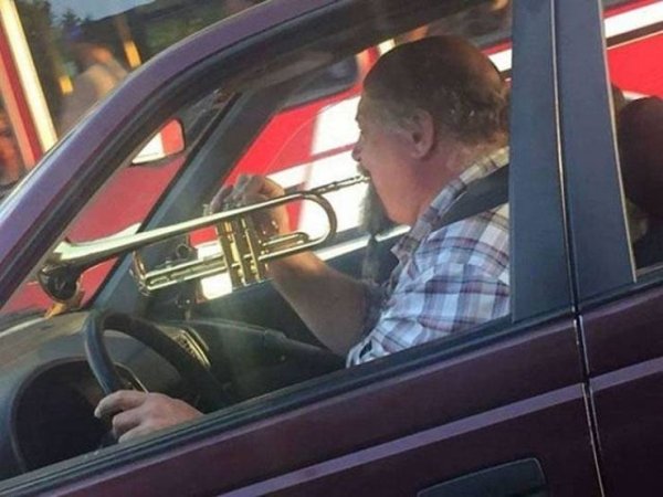 car horn funny - driver holding a trumpet