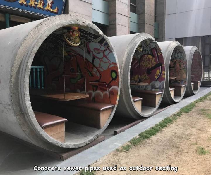 Concrete sewer pipes used as outdoor seating