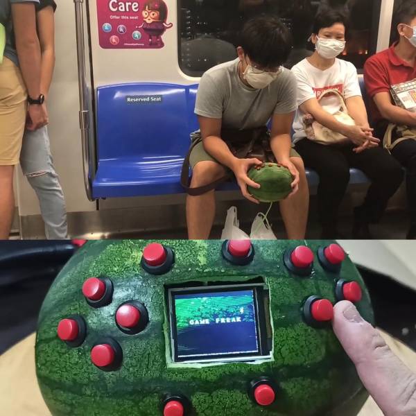 guy playing a video game inside a watermelon