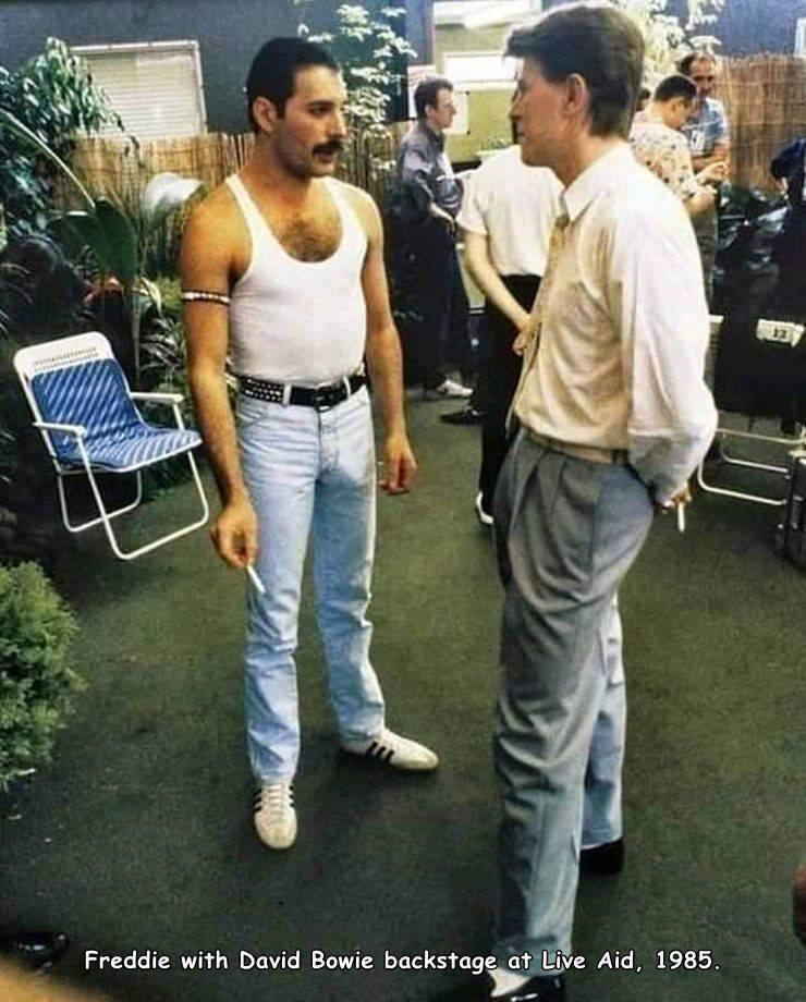 Freddie mercury with David Bowie backstage at Live Aid, 1985.