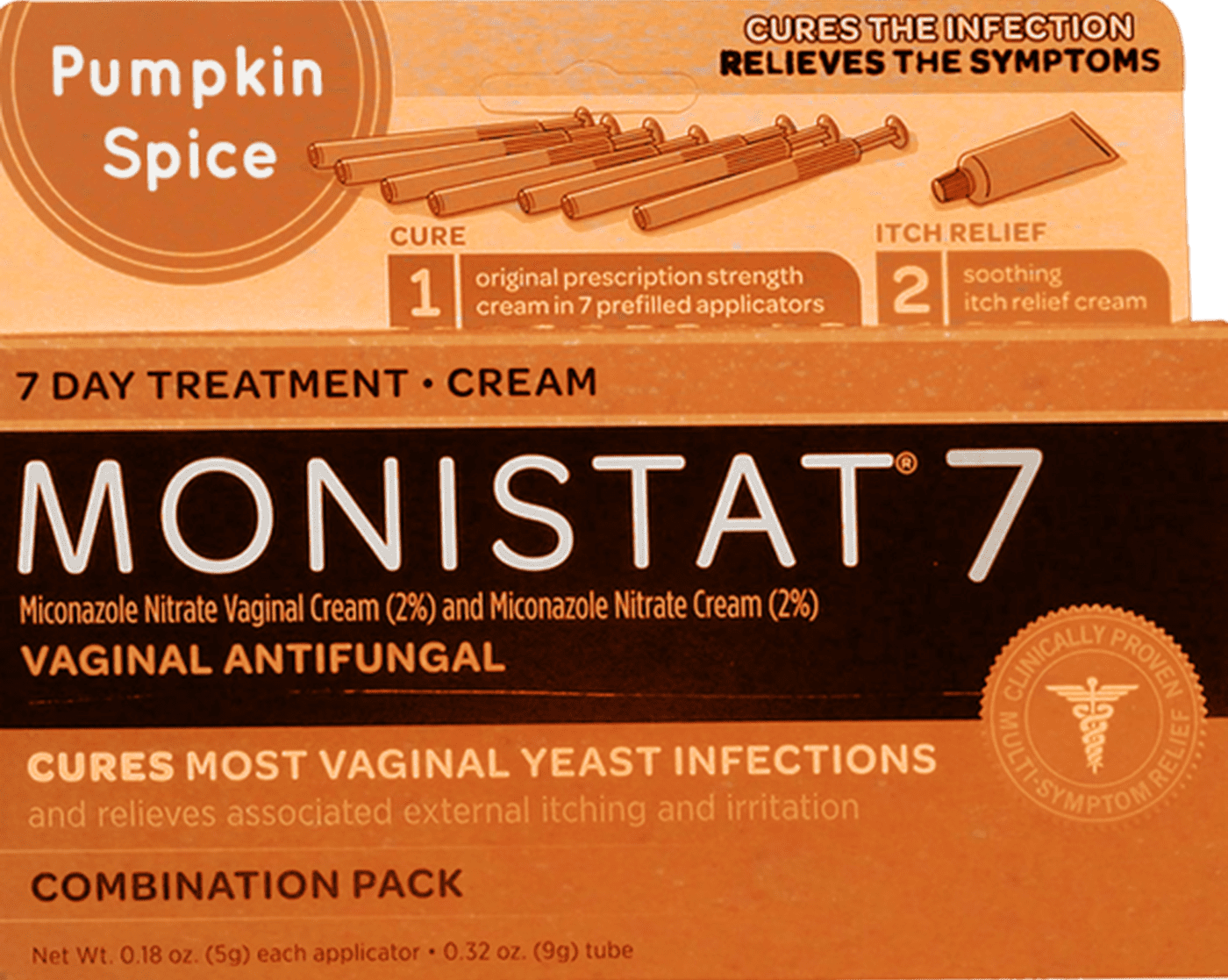 orange - Cures The Infection Relieves The Symptoms Pumpkin Spice Itch Relief Cure 1 original prescription strength cream in 7 prefilled applicators 2 soothing itch relief cream 7 Day Treatment Cream Monistat 7 Miconazole Nitrate Vaginal Cream 2% and Micon