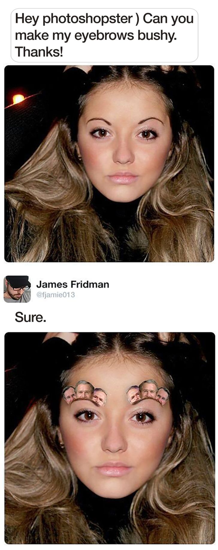 james fridman photoshop trolls - Hey photoshopster Can you make my eyebrows bushy. Thanks! James Fridman Sure.