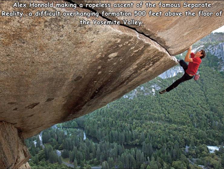 alex honnold free solo - Alex Honnold making a ropeless ascent of the famous Separate Reality, a difficult overhanging formation 500 feet above the floor of the Yosemite Valley.