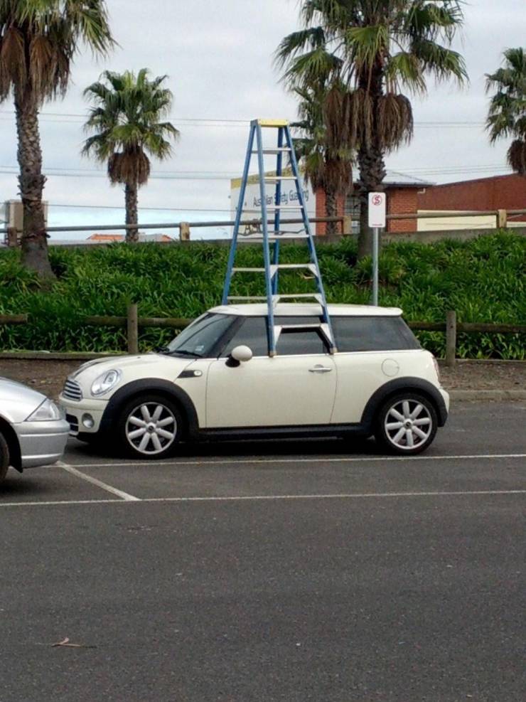 mini cooper with a ladder on top