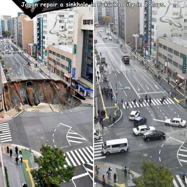 funny pics and random photos - japan sinkhole repair - Japan repair a sinkhole in Fukuoka City in 2 days. Boi Camp
