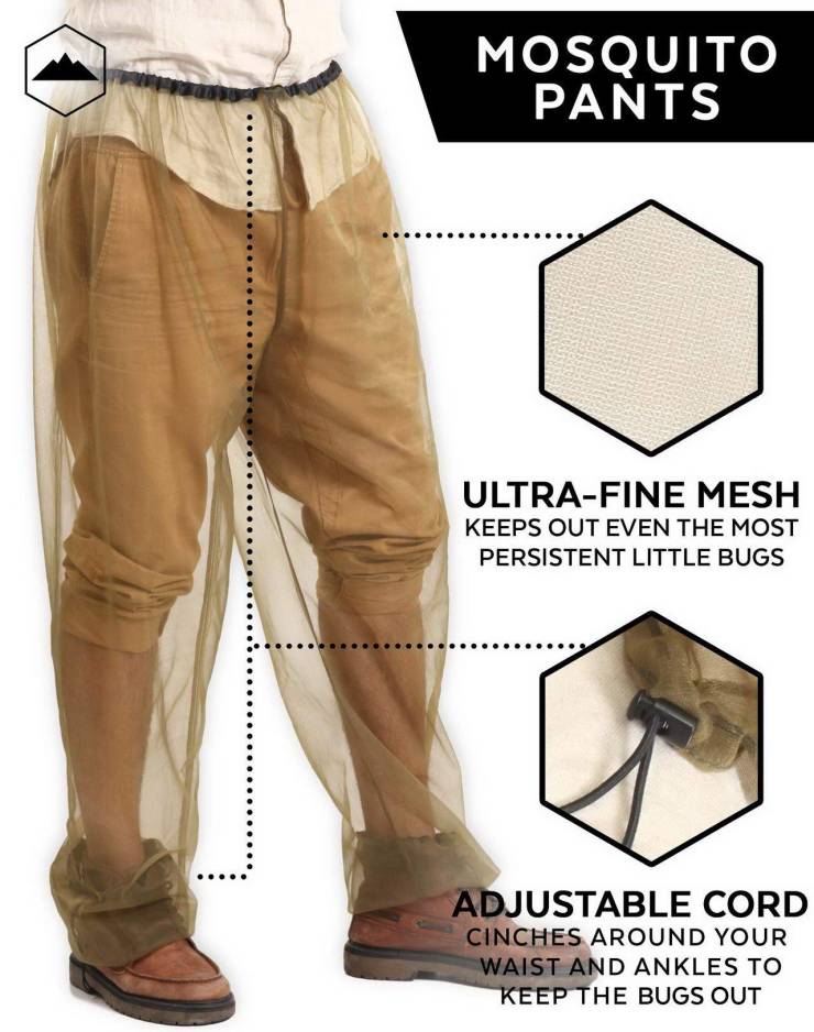 Mosquito Pants UltraFine Mesh Keeps Out Even The Most Persistent Little Bugs Adjustable Cord Cinches Around Your Waist And Ankles To Keep The Bugs Out