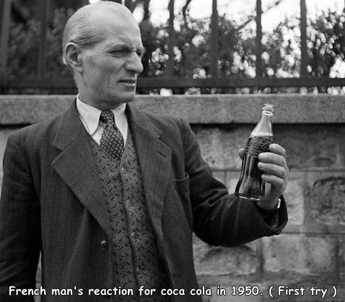 random pics - photograph - French man's reaction for coca cola in 1950. First try