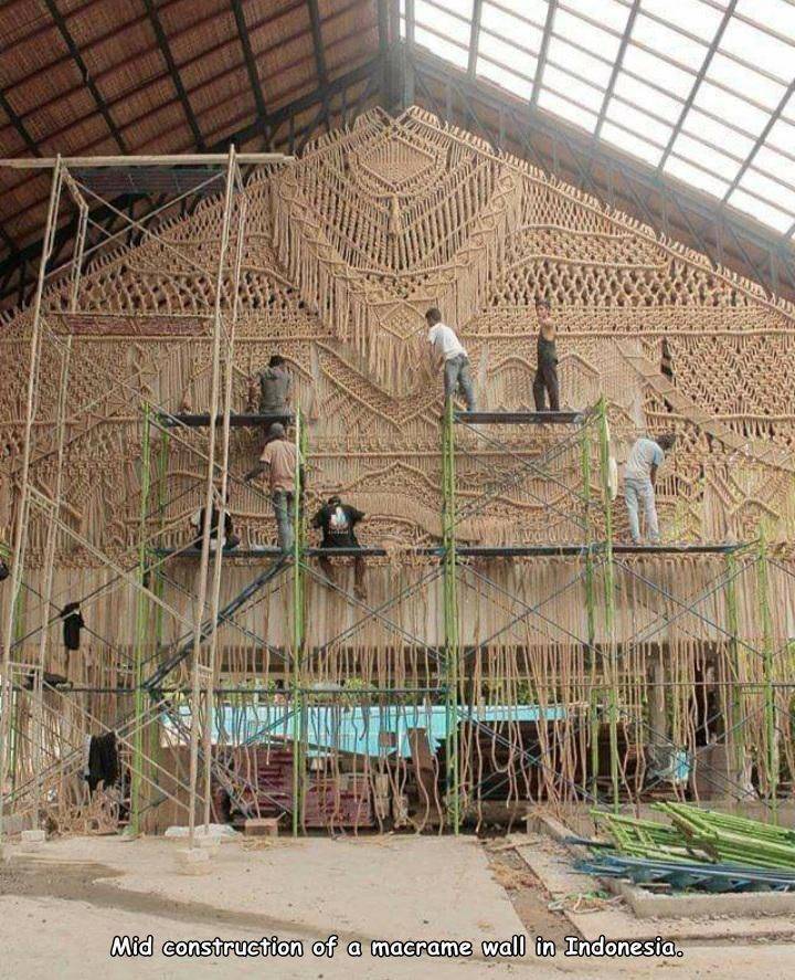random pics - agnes hansella macrame - mayo Mid construction of a macrame wall in Indonesia.