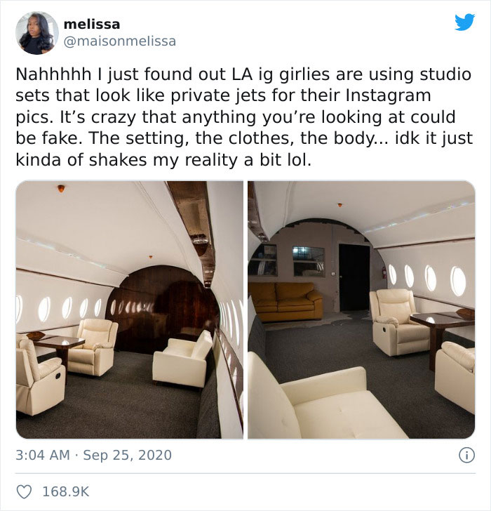 interior design - melissa Nahhhhh I just found out La ig girlies are using studio sets that look private jets for their Instagram pics. It's crazy that anything you're looking at could be fake. The setting, the clothes, the body... idk it just kinda of sh