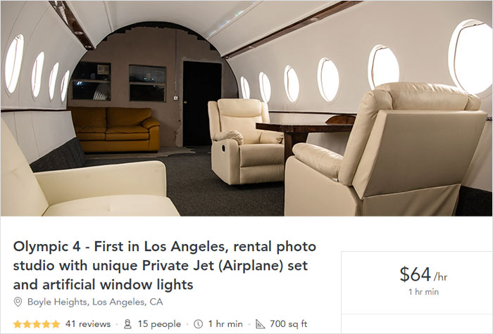 furniture - Olympic 4 First in Los Angeles, rental photo studio with unique Private Jet Airplane set and artificial window lights Boyle Heights, Los Angeles, Ca 41 reviews 8 15 people o 1 hr min 700 sq ft $64hr 1 hr min
