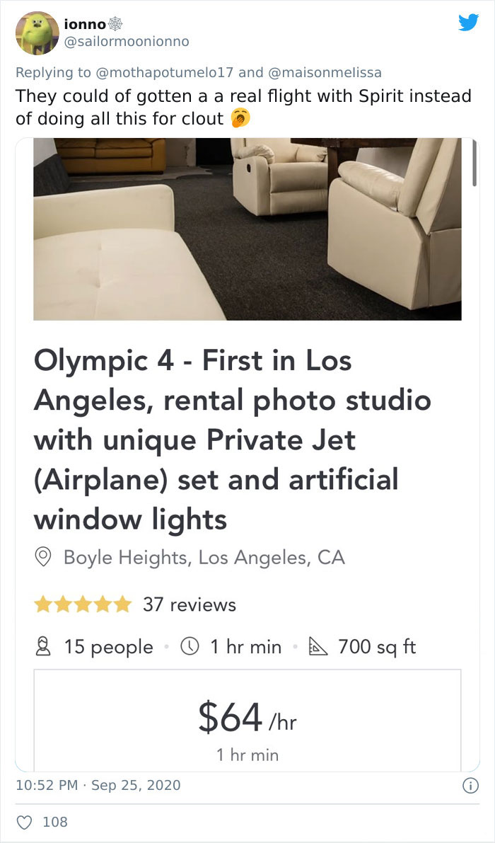They could of gotten a a real flight with Spirit instead of doing all this for clout Olympic 4 First in Los Angeles, rental photo studio with unique Private Jet Airplane set and artificial window lights O Boyle Heights, Los Angeles, C