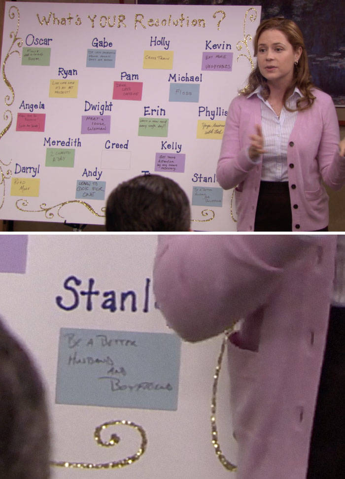 office new year's resolution board - What's Your Reanistion ? Oscar Gabe Holly Kevin Uotes Ryan Pam Michael Angela Dwight Erin Phyllis To Ma Mange haare Meredith Creed Kelly Darryl Andy Stanl Read W Cool For Stan! Ba Betra Hudd