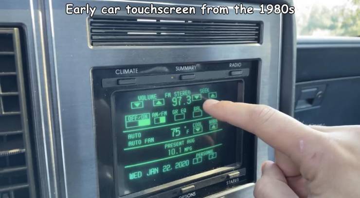 car - Early car touchscreen from the 1980s Radio Summary Climate See Volune Fn Stereo a 97.3 Offunt Aneh Greq Auto Coci 75 Ruto Fan F Present Rrug 10.1 Mps Wed D $1473 Options