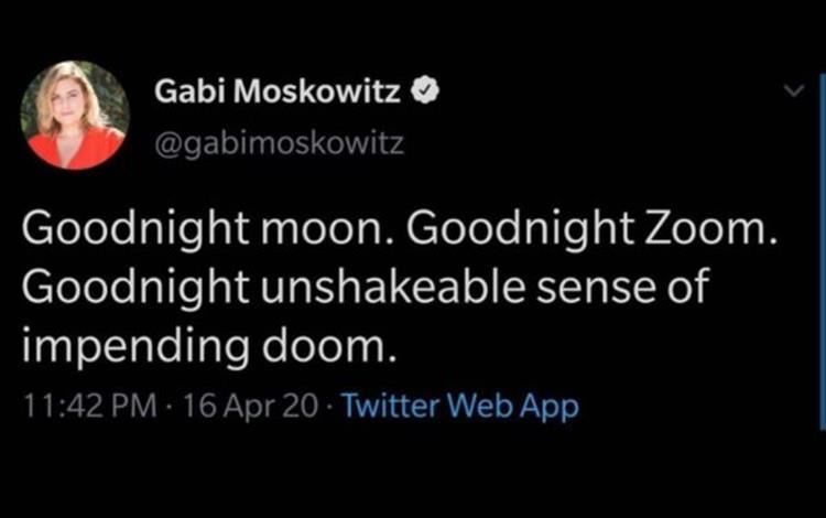 don t mess up a good thing - Gabi Moskowitz Goodnight moon. Goodnight Zoom. Goodnight unshakeable sense of impending doom. 16 Apr 20 Twitter Web App