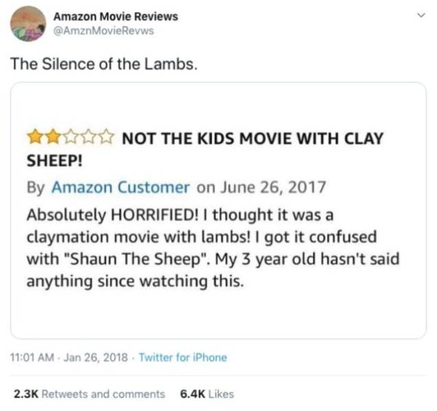 paper - Amazon Movie Reviews QAmzn Movie Revws The Silence of the Lambs. Not The Kids Movie With Clay Sheep! By Amazon Customer on Absolutely Horrified! I thought it was a claymation movie with lambs! I got it confused with "Shaun The Sheep". My 3 year ol