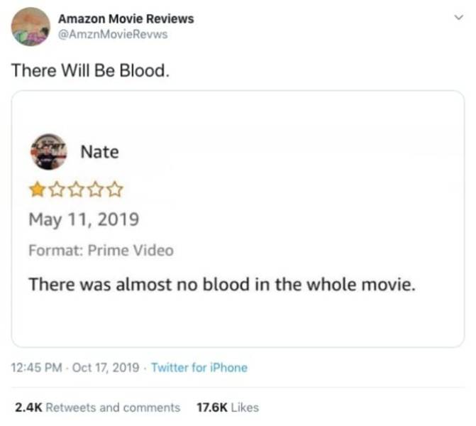 paper - Amazon Movie Reviews There Will Be Blood. Nate Format Prime Video There was almost no blood in the whole movie. . Twitter for iPhone and