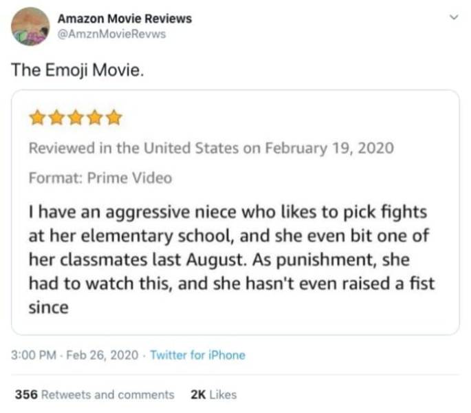 paper - Amazon Movie Reviews The Emoji Movie. Reviewed in the United States on Format Prime Video I have an aggressive niece who to pick fights at her elementary school, and she even bit one of her classmates last August. As punishment, she had to watch t
