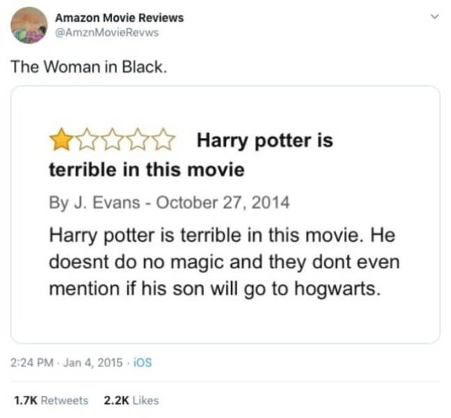 paper - Amazon Movie Reviews The Woman in Black. Harry potter is terrible in this movie By J. Evans Harry potter is terrible in this movie. He doesnt do no magic and they dont even mention if his son will go to hogwarts. iOS