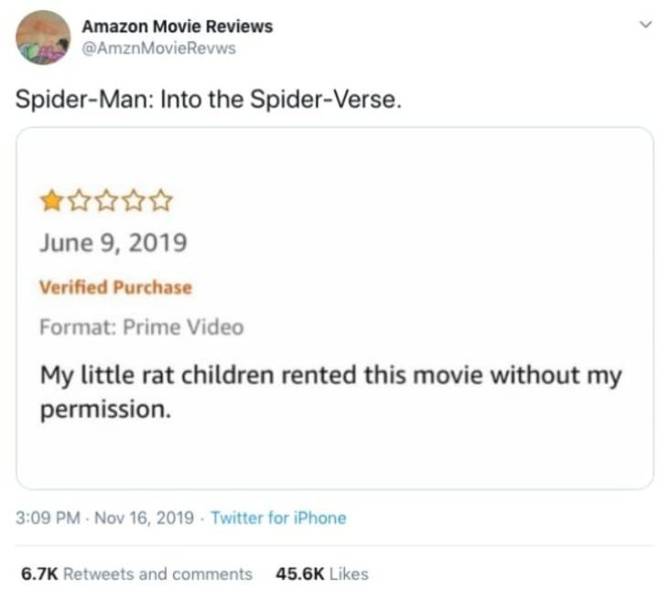 paper - Amazon Movie Reviews SpiderMan Into the SpiderVerse. Verified Purchase Format Prime Video My little rat children rented this movie without my permission. . Twitter for iPhone and