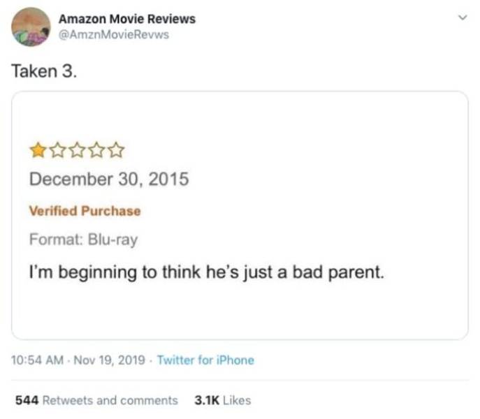 paper - Amazon Movie Reviews Taken 3. Verified Purchase Format Bluray I'm beginning to think he's just a bad parent. . Twitter for iPhone 544 and