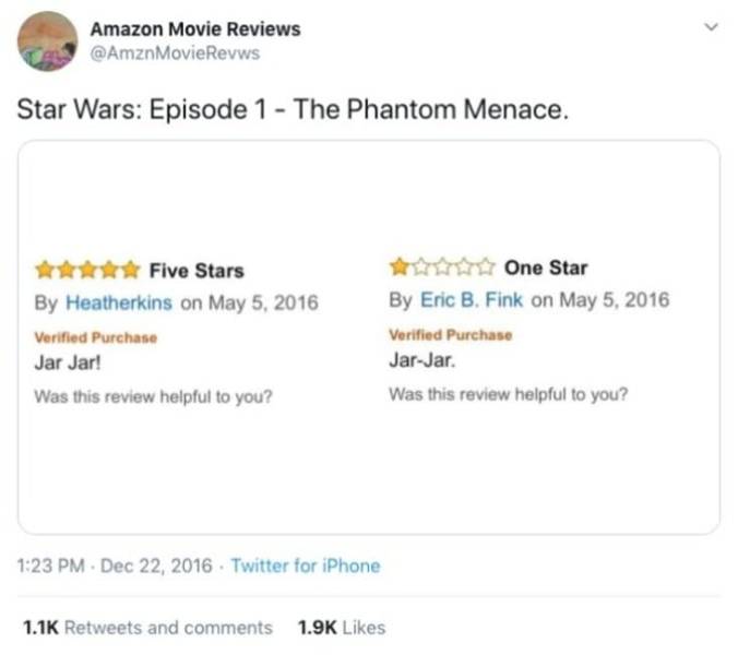 web page - Amazon Movie Reviews Star Wars Episode 1 The Phantom Menace. Five Stars By Heatherkins on Verified Purchase Jar Jar! Was this review helpful to you? One Star By Eric B. Fink on Verified Purchase JarJar. Was this review helpful to you? . Twitter