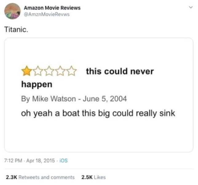 paper - Amazon Movie Reviews Titanic. this could never happen By Mike Watson oh yeah a boat this big could really sink . ios and