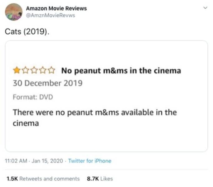 paper - Amazon Movie Reviews Revws Cats 2019. No peanut m&ms in the cinema Format Dvd There were no peanut m&ms available in the cinema Twitter for iPhone and