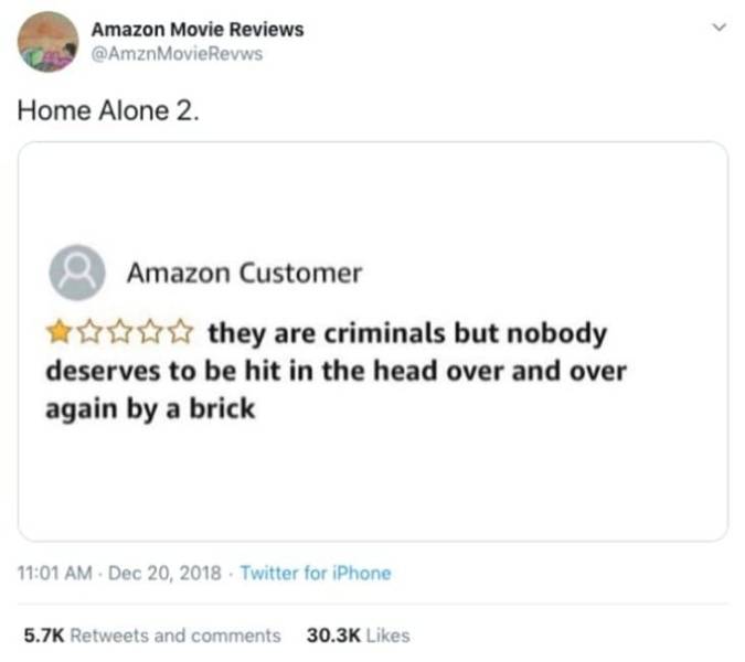 paper - Amazon Movie Reviews Home Alone 2. Amazon Customer they are criminals but nobody deserves to be hit in the head over and over again by a brick . Twitter for iPhone and