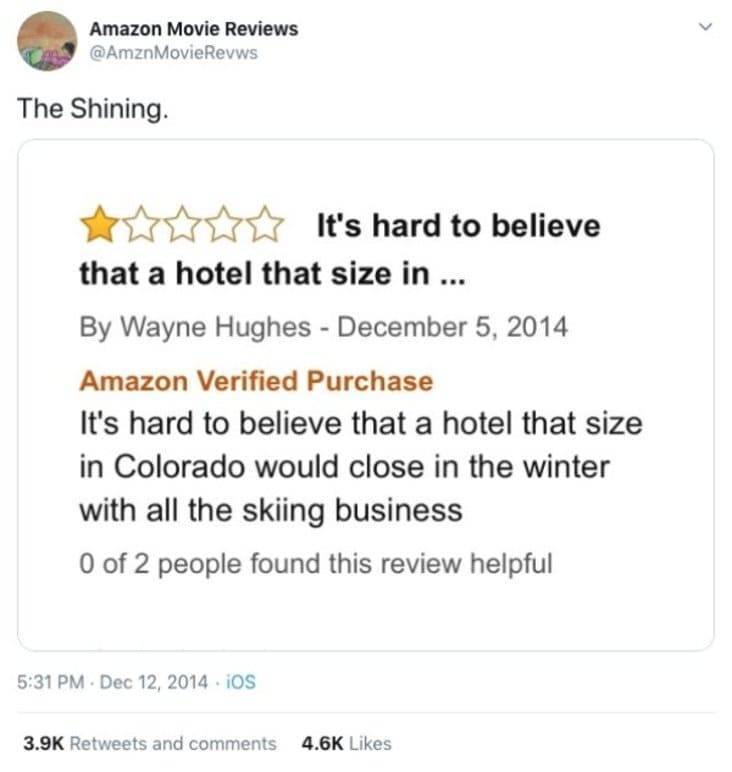 document - Amazon Movie Reviews Movie Revws The Shining. It's hard to believe that a hotel that size in ... By Wayne Hughes Amazon Verified Purchase It's hard to believe that a hotel that size in Colorado would close in the winter with all the skiing busi