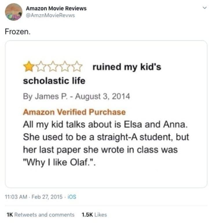 paper - Amazon Movie Reviews @ Amzn Movie Revws Frozen. Www ruined my kid's scholastic life By James P. Amazon Verified Purchase All my kid talks about is Elsa and Anna. She used to be a straightA student, but her last paper she wrote in class was "Why I 