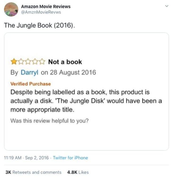paper - Amazon Movie Reviews MovieRevws The Jungle Book 2016. Not a book By Darryl on Verified Purchase Despite being labelled as a book, this product is actually a disk. 'The Jungle Disk' would have been a more appropriate title. Was this review helpful 