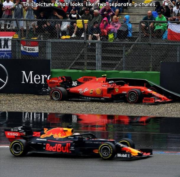 funny pics - This picture that looks two separate pictures - formula one racecars