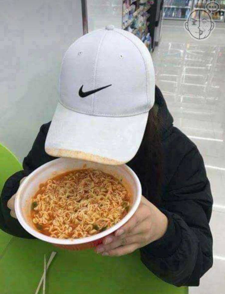 funny pics - person wearing white hat accidentally dipped it into red soup