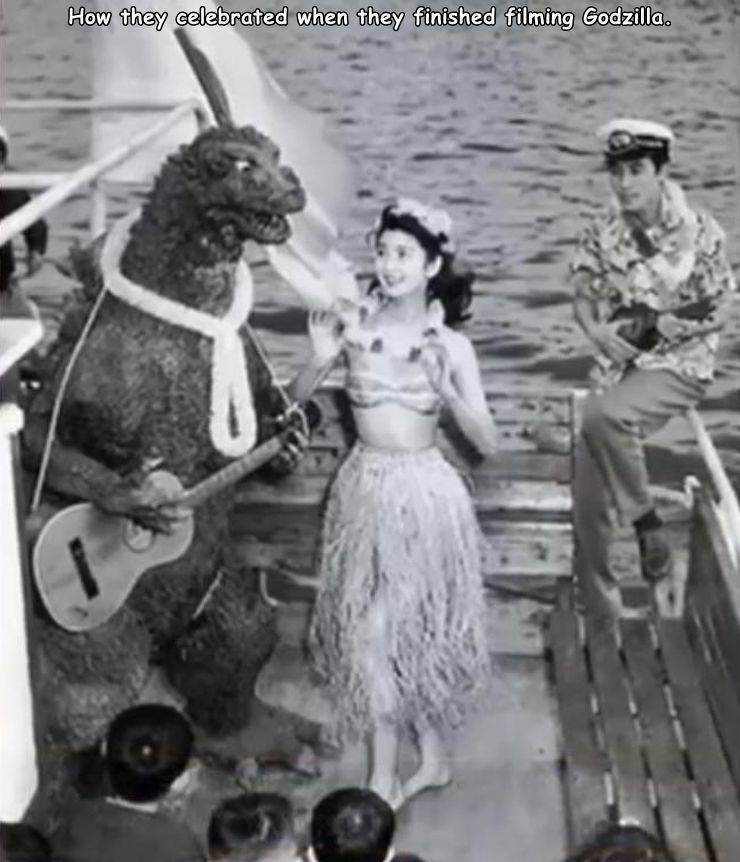 godzilla with guitar - How they celebrated when they finished filming Godzilla.