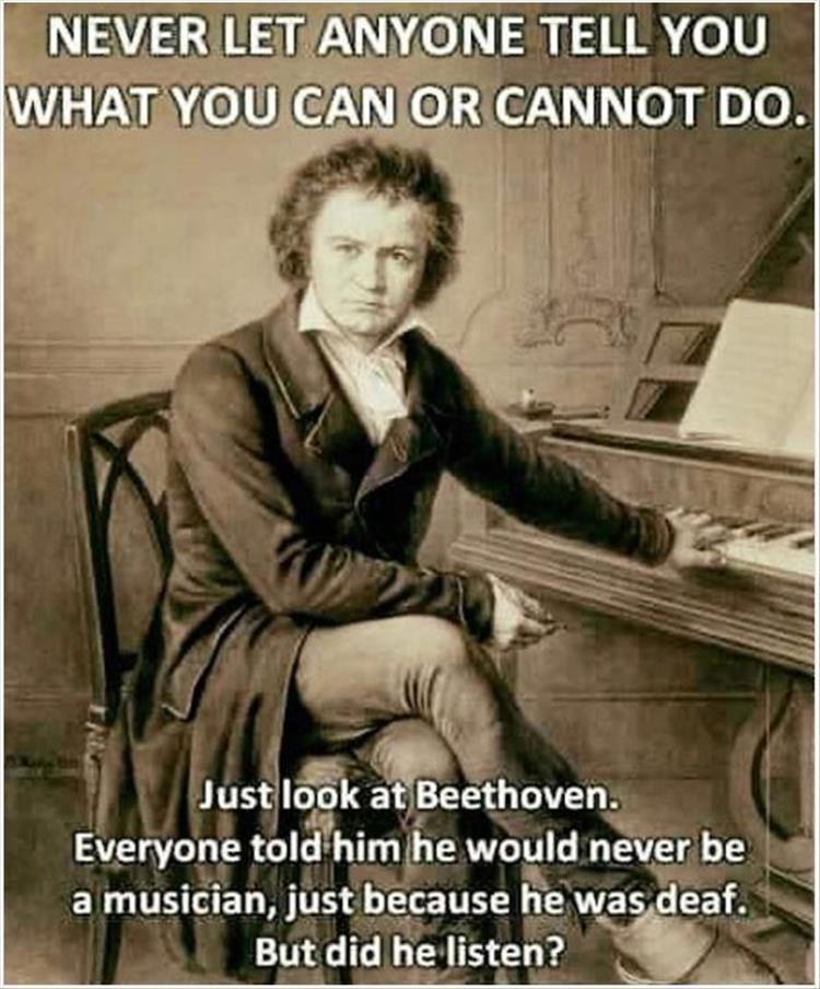 beethoven memes - Never Let Anyone Tell You What You Can Or Cannot Do. Just look at Beethoven. Everyone told him he would never be a musician, just because he was deaf. But did he listen?