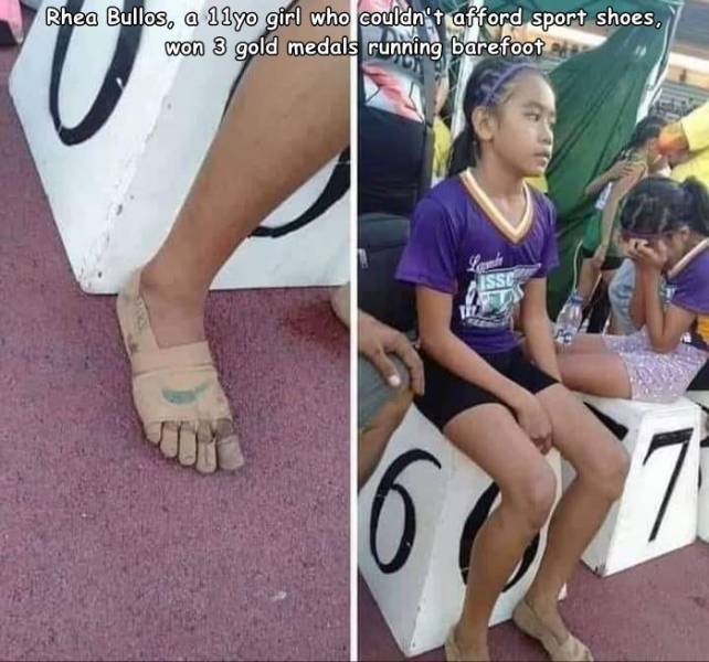 fascinating photos - Rhea Bullos, a llyo girl who couldn't afford sport shoes, won 3 gold medals running barefoot