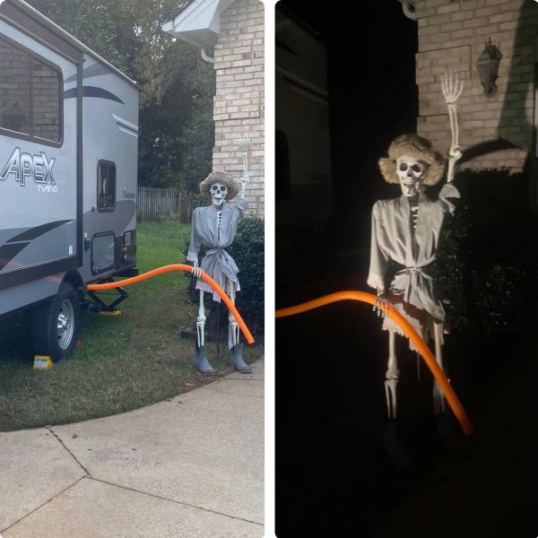 fascinating photos - funny skeleton dressed as woman pumping gas into car