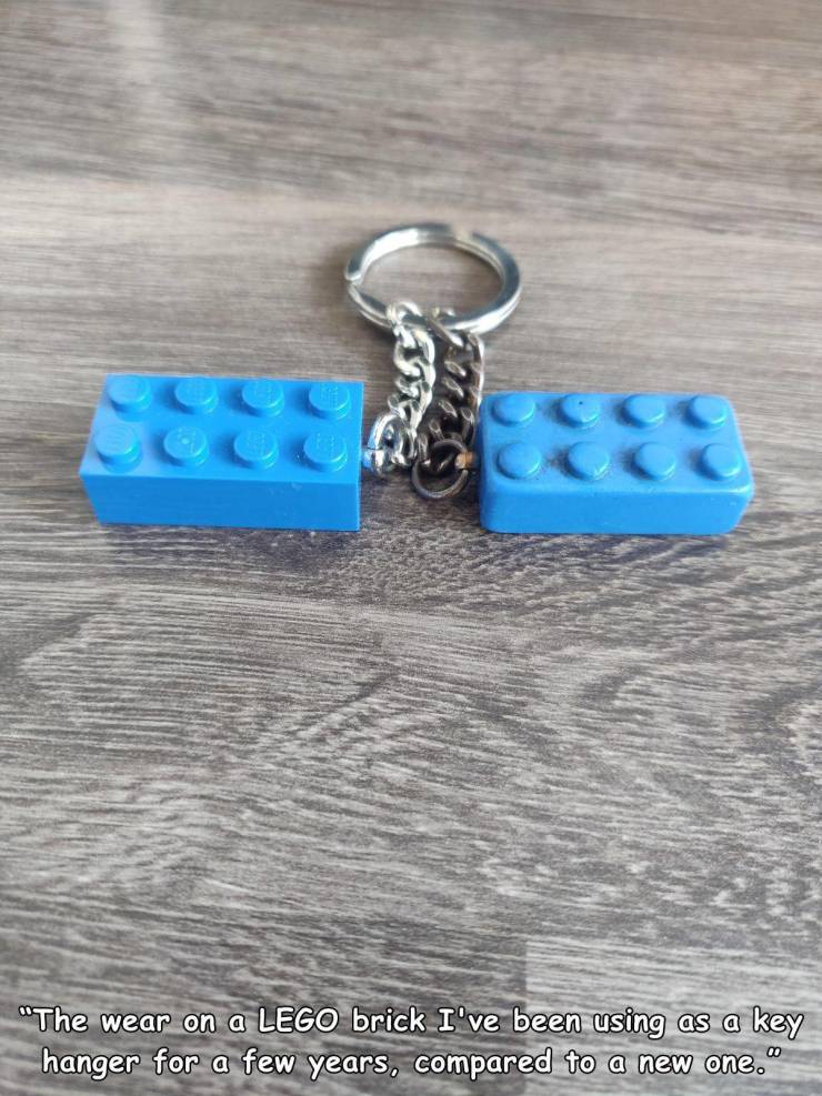 random pics - turquoise - "The wear on a Lego brick I've been using as a key hanger for a few years, compared to a new one. 00