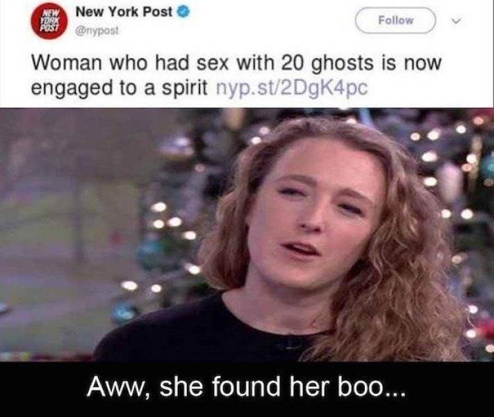 photo caption - New New York Post Yorx Post Woman who had sex with 20 ghosts is now engaged to a spirit nyp.st2Dgk4pc Aww, she found her boo...