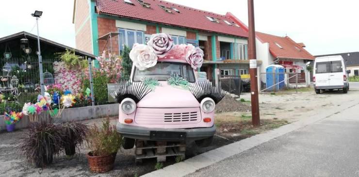 funny pics - old car flower sculpture