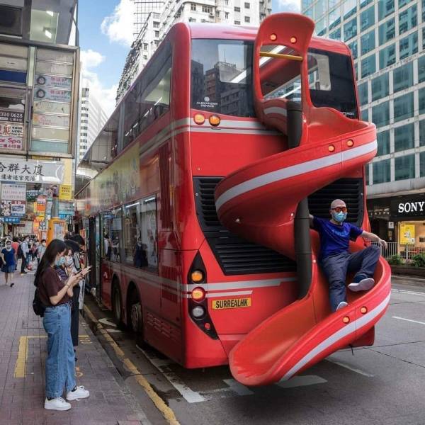 funny pics - double decker bus with slide on the front
