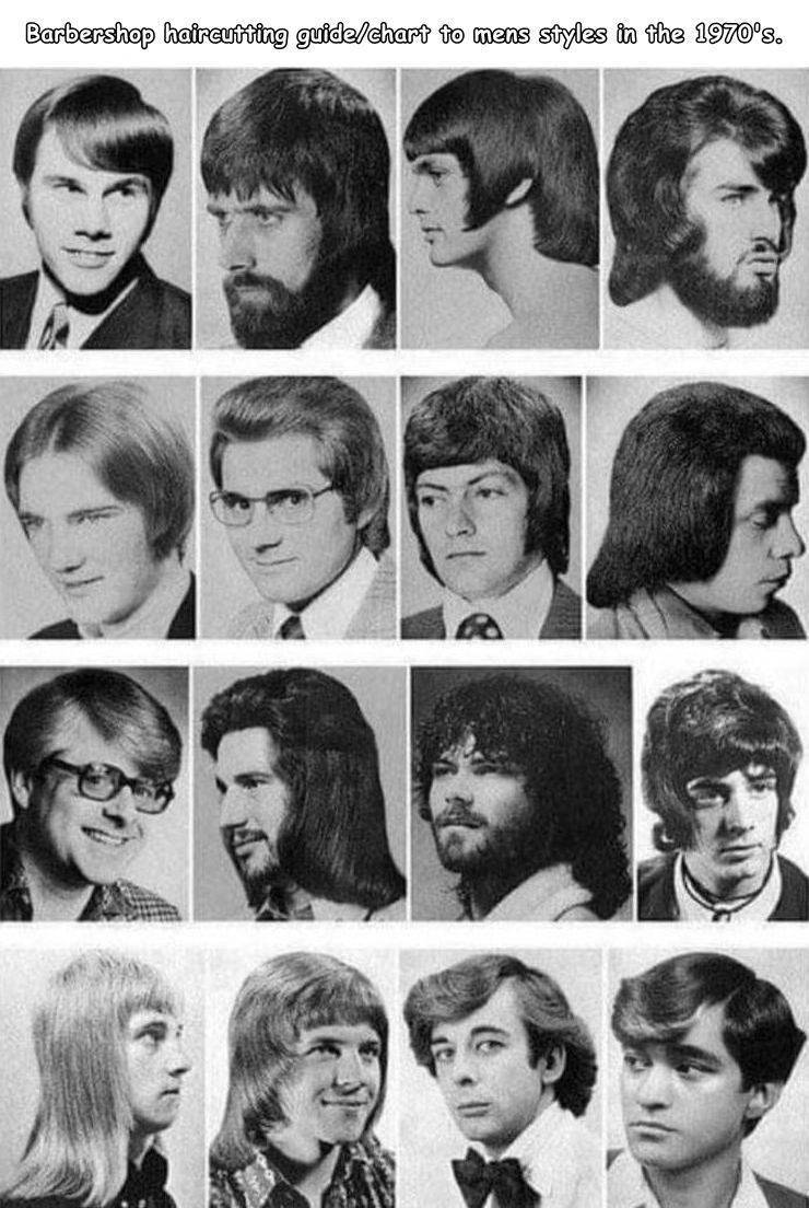men hair - Barbershop haircutting guidechart to mens styles in the 1970's.