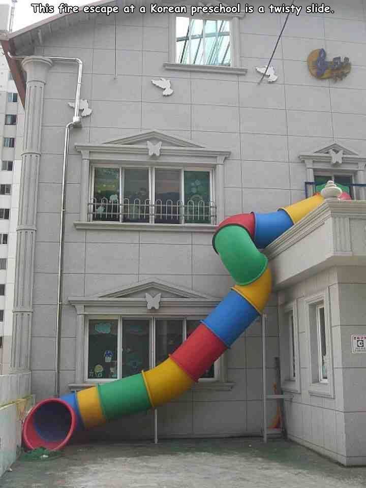 slide fire escape - This fire escape at a Korean preschool is a twisty slide. Ic