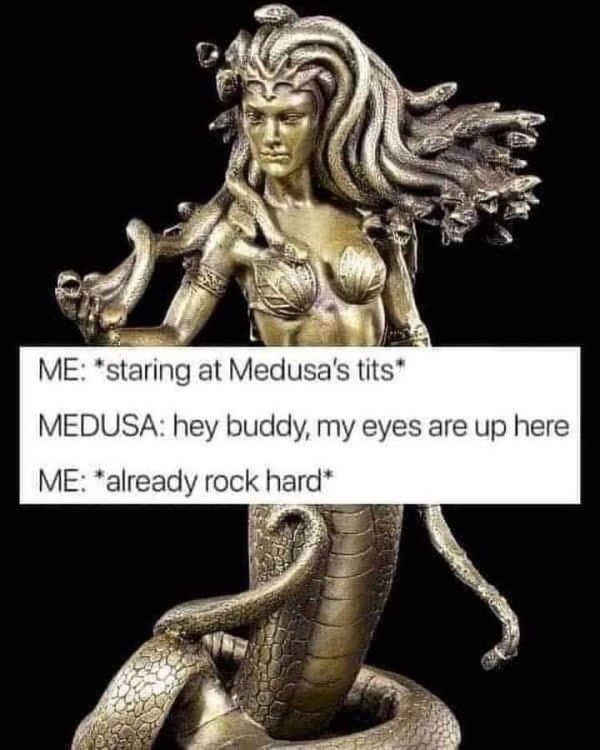 medusa meme - Me staring at Medusa's tits Medusa hey buddy, my eyes are up here Me already rock hard