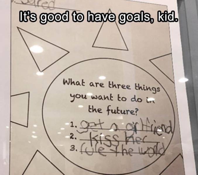 handwriting - ed It's good to have goals, kid. What are three things you want to do in the future? 1. Its of Hind 2. kiss, kes 3.fore the word